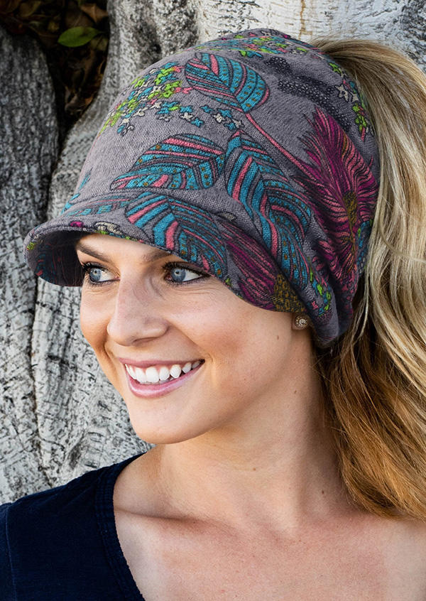 

Hats Vintage Bohemian Flower Leaf Beanie Hat with Brim in Gray. Size