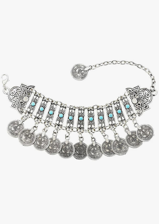 

Bracelet Vintage Bohemian Turquoise Coin Tassel Bracelet in Silver. Size