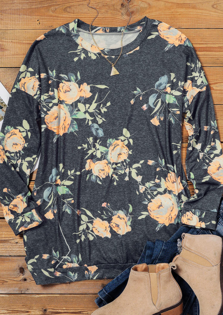 

Blouses Floral Pocket Long Sleeve Blouse in Dark Grey. Size