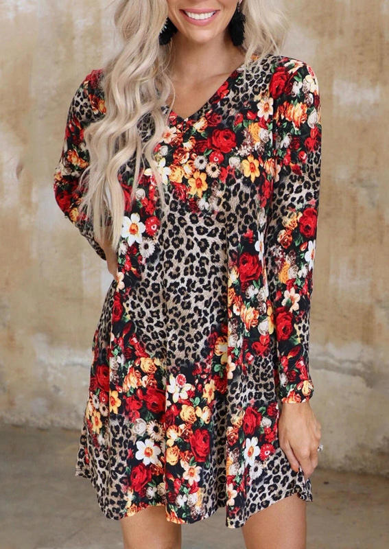 

Mini Dresses Leopard Floral Pocket Long Sleeve V-Neck Mini Dress in Multicolor. Size: ,M,L,XL