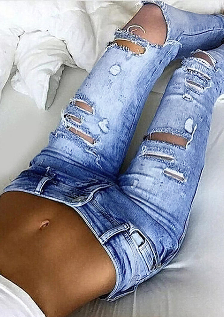 

Pants Ripped Hole Pocket Zipper Denim Jeans Pants in Blue. Size