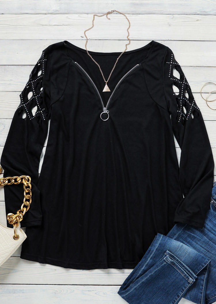 

Blouses Rhinestone Cold Shoulder Zipper Collar Blouse in Black. Size