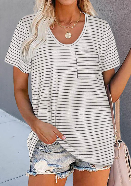 

Blouses Striped Pocket Short Sleeve Casual Blouse in Stripe. Size