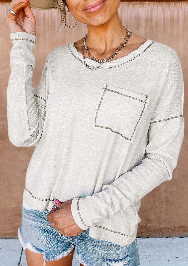 

Blouses Pocket O-Neck Long Sleeve Blouse in White. Size: ,M