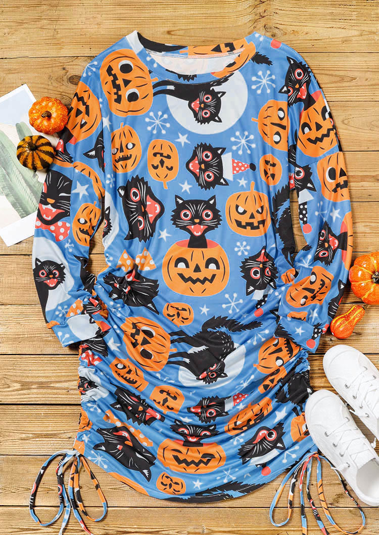 

Mini Dresses Halloween Pumpkin Black Cat Drawstring Ruched Mini Dress in Blue. Size: ,L