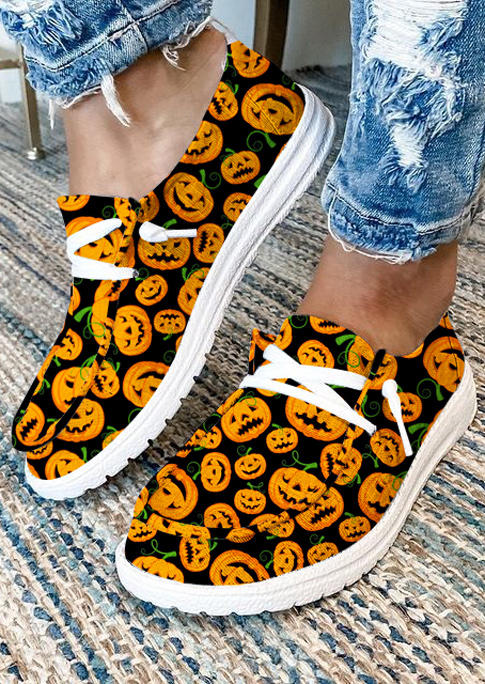 

Sneakers Halloween Pumpkin Face Slip On Flat Sneakers in Orange. Size
