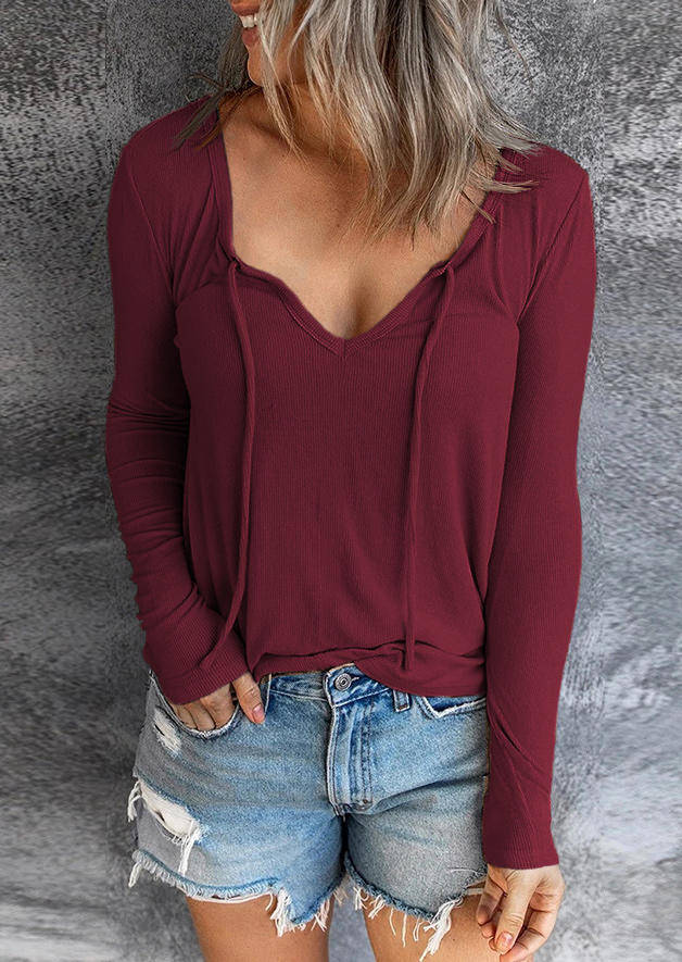 

Blouses Drawstring Long Sleeve Casual Blouse in Burgundy. Size
