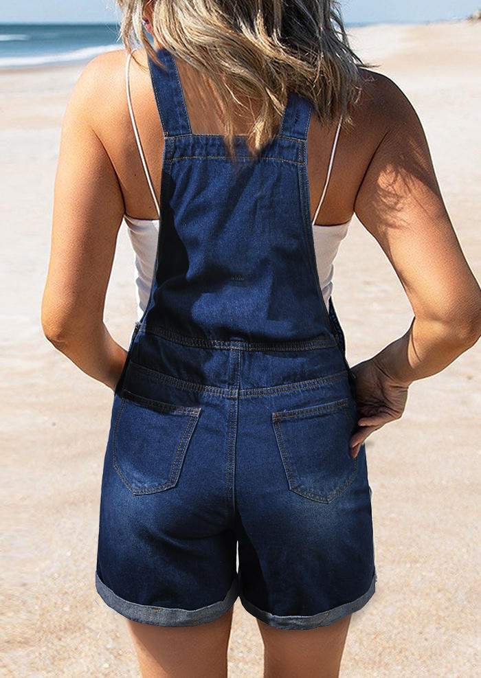 

Jumpsuits & Rompers Flower Ripped Hole Pocket Button Denim Overall Romper in Deep Blue. Size