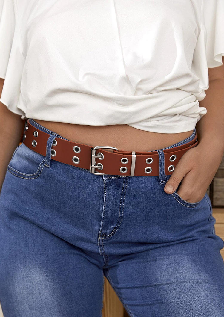 

Belts Eyelet Decor Metal Buckle PU Leather Belt in Brown. Size