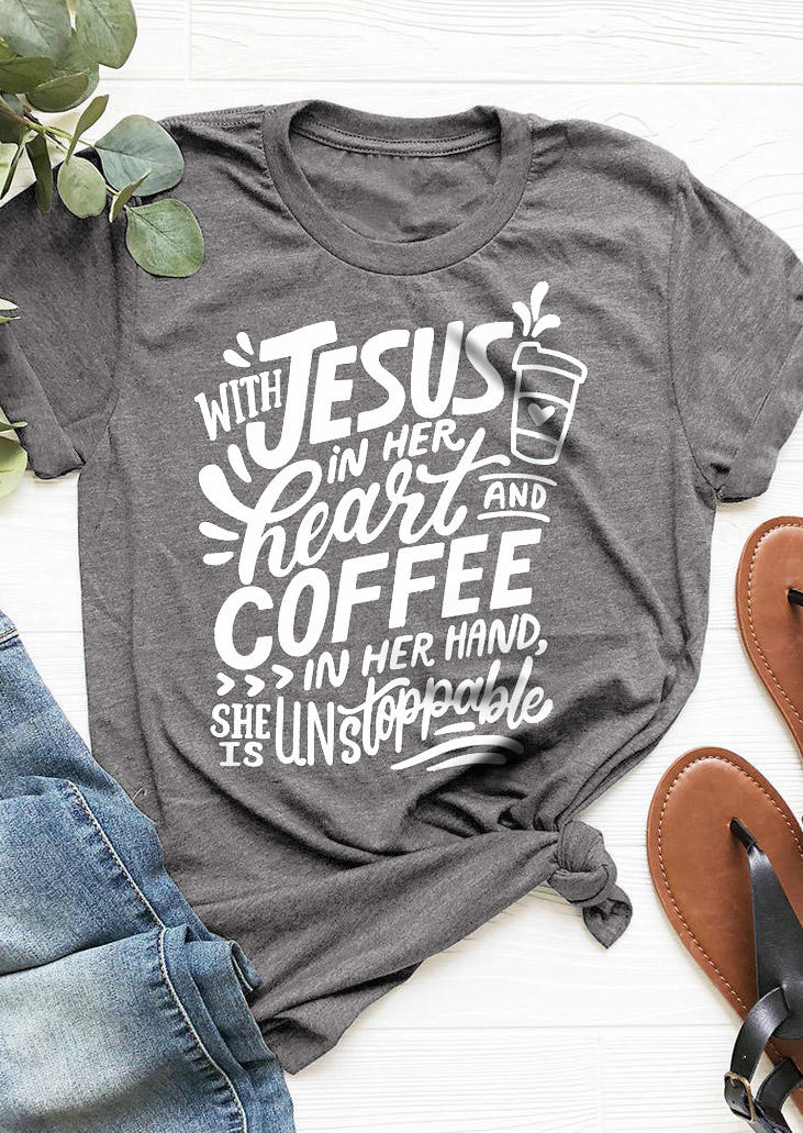 

T-shirts Tees Jesus In Her Heart And Coffee In Her Hand T-Shirt Tee in Gray. Size: ,M,L,XL