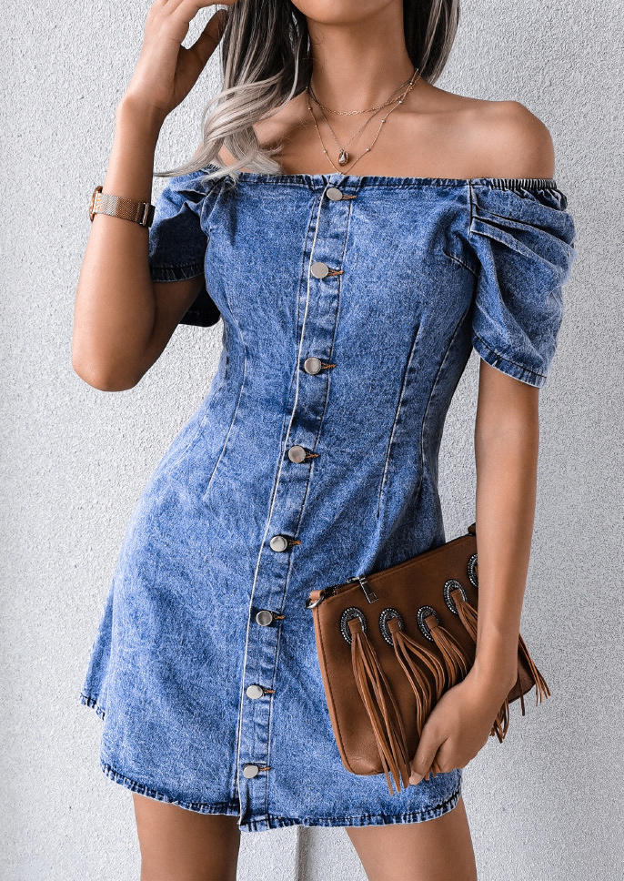 

Mini Dresses Button Off Shoulder Denim Mini Dress in Blue. Size: ,M,L,XL