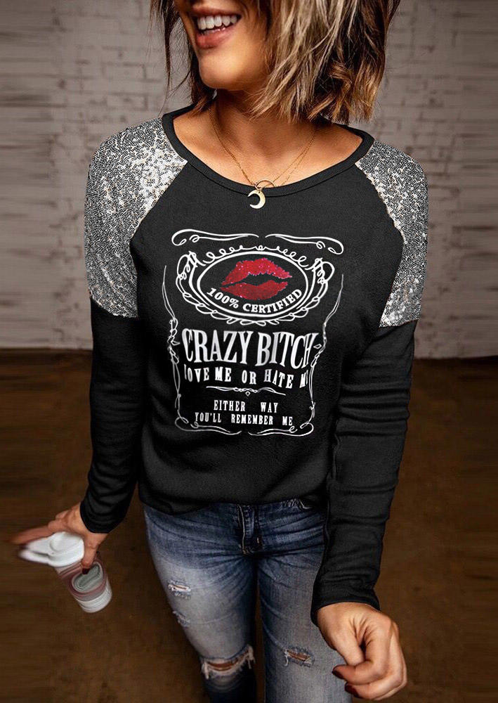 

Blouses Crazy Bitch Love Me Or Hate Me Lips Sequined Blouse in Black. Size: ,M,L,XL