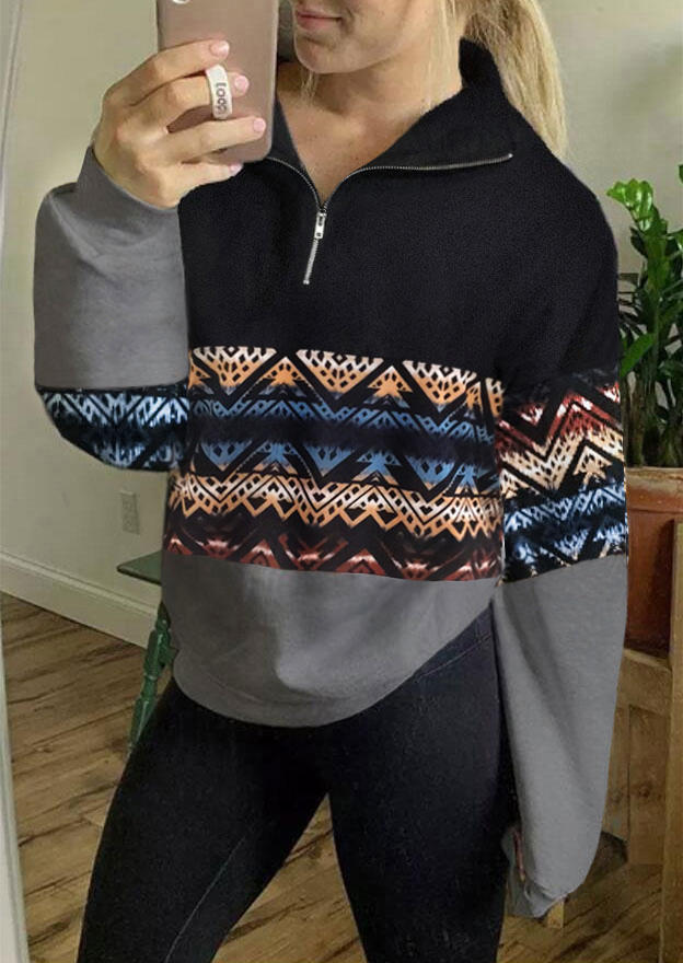 Sweatshirts Zigzag Zipper Splicing Long Sleeve Sweatshirt in Multicolor. Size: S,M,L