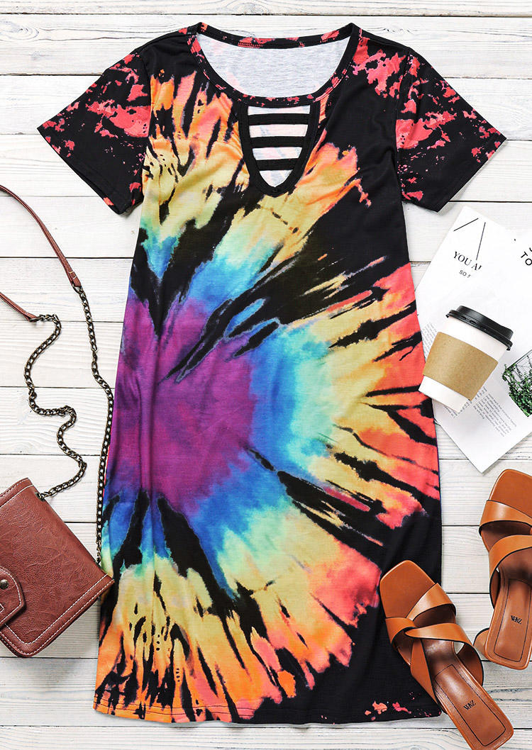 

Mini Dresses Reverse Tie Dye Rainbow Keyhole Neck Mini Dress in Black. Size