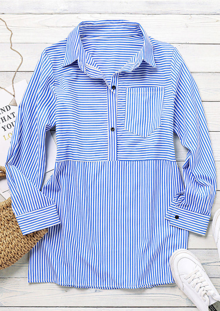 

Mini Dresses Striped Pocket Button Turn-Down Collar Mini Dress in Stripe. Size