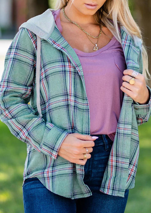 

Shirts Plaid Drawstring Pocket Long Sleeve Hooded Shirt in Plaid. Size