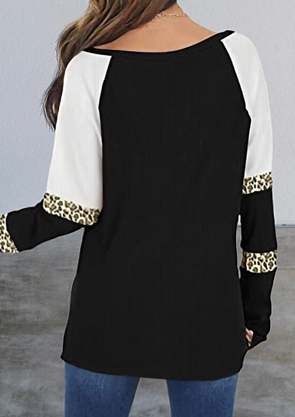 Blouses Leopard Splicing Color Block Blouse in Black. Size: XL