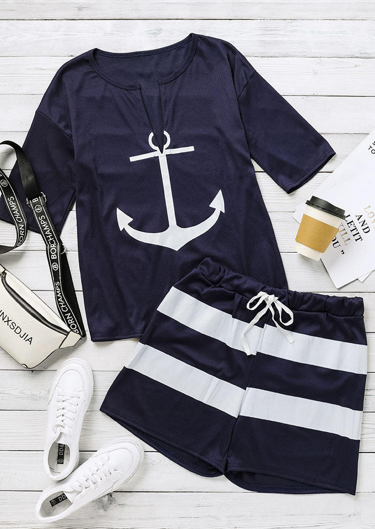 

Sleepwear Anchor Notched Neck Blouse And Striped Shorts Pajamas Set in Navy Blue. Size