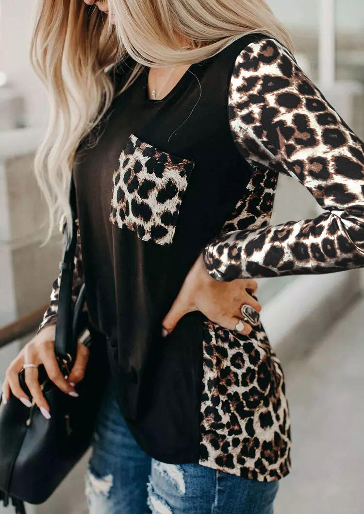 Blouses Leopard Splicing Pocket Long Sleeve Blouse in Multicolor. Size: L,M,S,XL