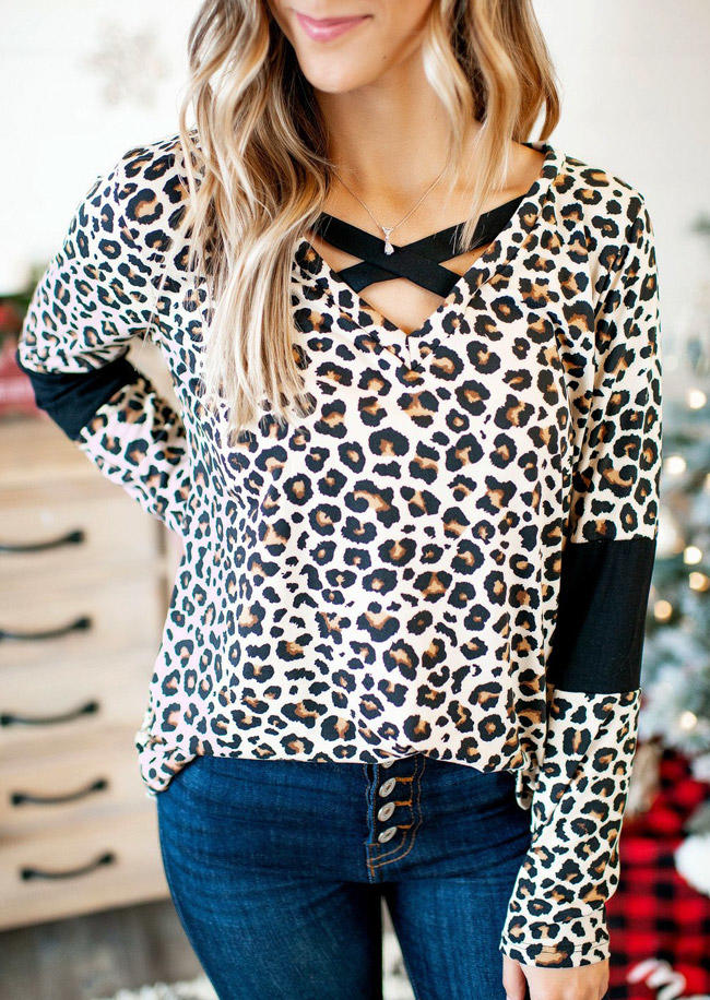 Leopard Color Block Criss-Cross Long Sleeve Blouse