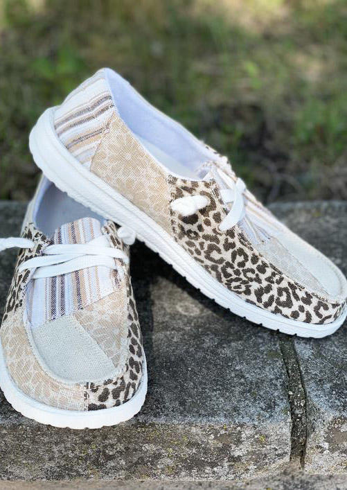 Leopard Striped Splicing Floral Round Toe Flat Sneakers