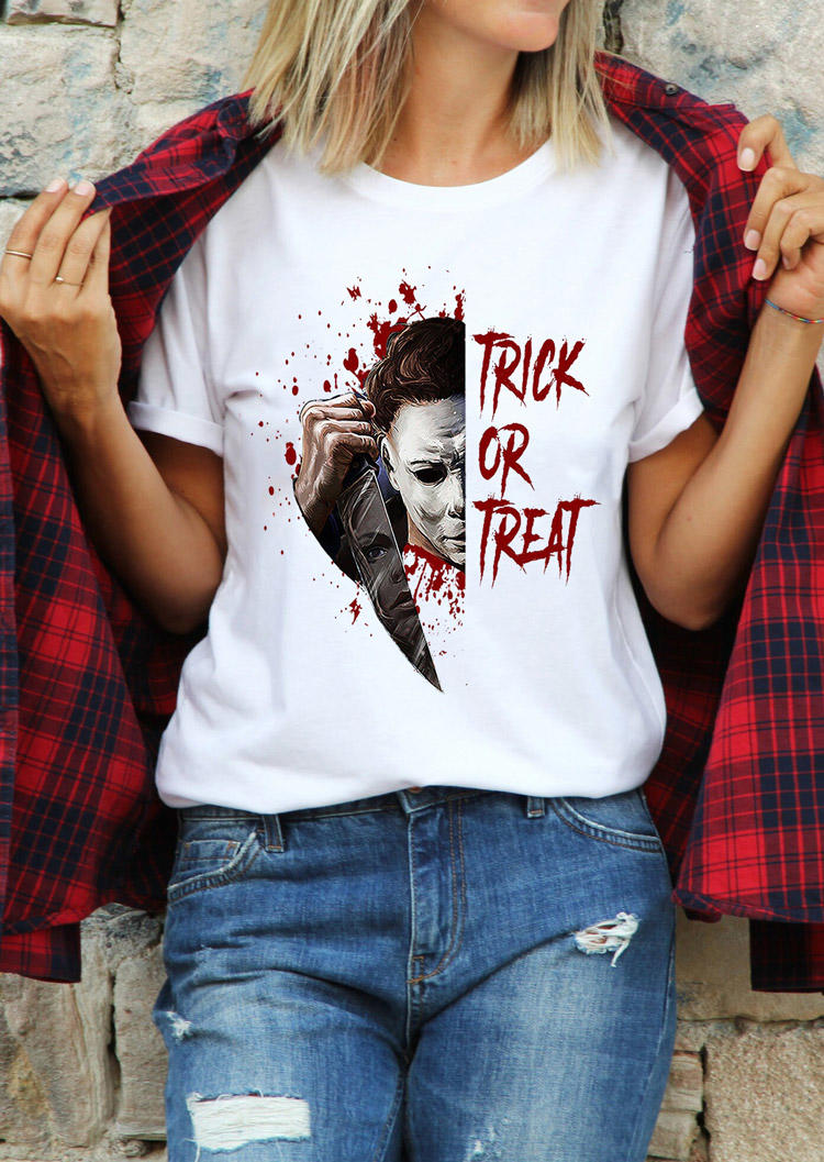 

T-shirts Tees Halloween Trick Or Treat Horror Movie Character T-Shirt Tee in White. Size