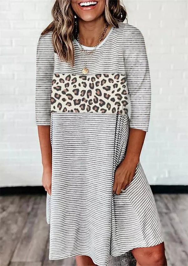 

Mini Dresses Leopard Striped Long Sleeve O-Neck Mini Dress in Multicolor. Size