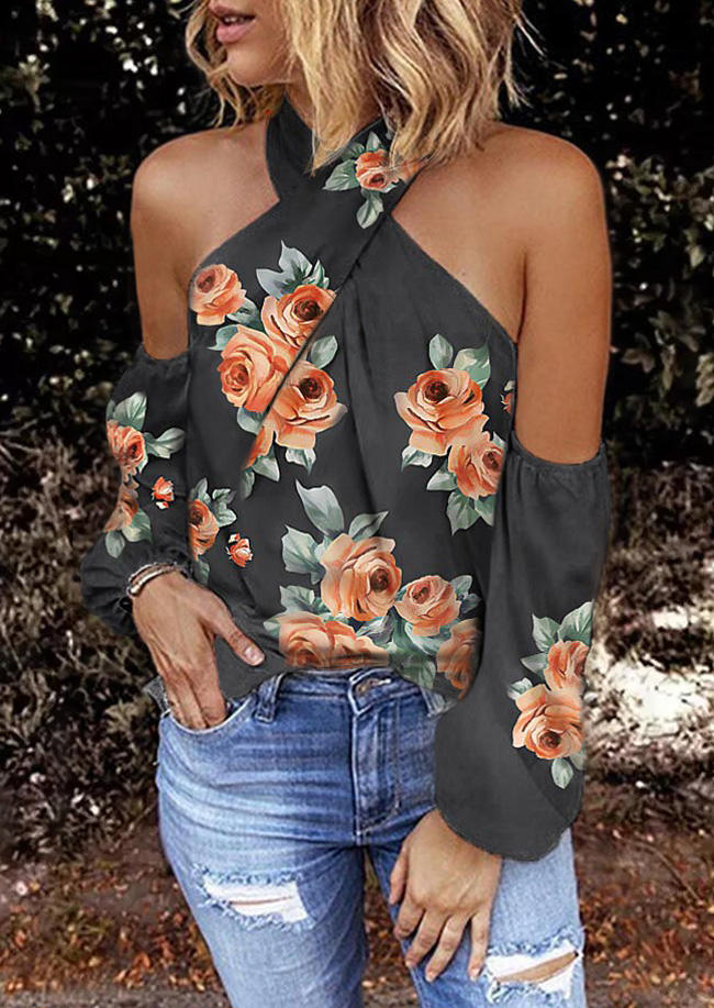 

Blouses Rose Halter Cold Shoulder Long Sleeve Blouse - Dark Gray in Dark Grey. Size
