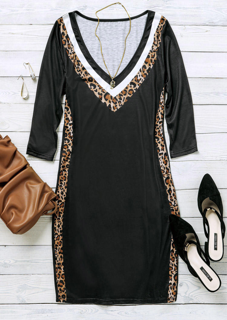 Bodycon Dresses Leopard V-Neck Three Quarter Sleeve Bodycon Dress in Black. Size: S,M,L