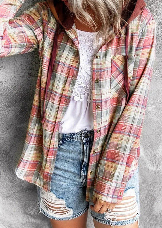 

Shirts Plaid Button Long Sleeve Hooded Shirt in Plaid. Size