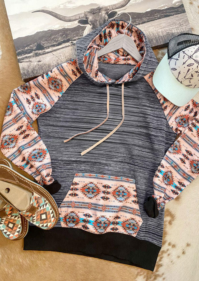 

Hoodies Aztec Geometric Kangaroo Pocket Drawstring Hoodie in Multicolor. Size