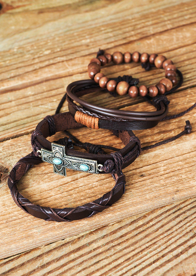 

Bracelet 4Pcs Turquoise Cross Beading Leather Bracelet Set in Dark Coffee. Size