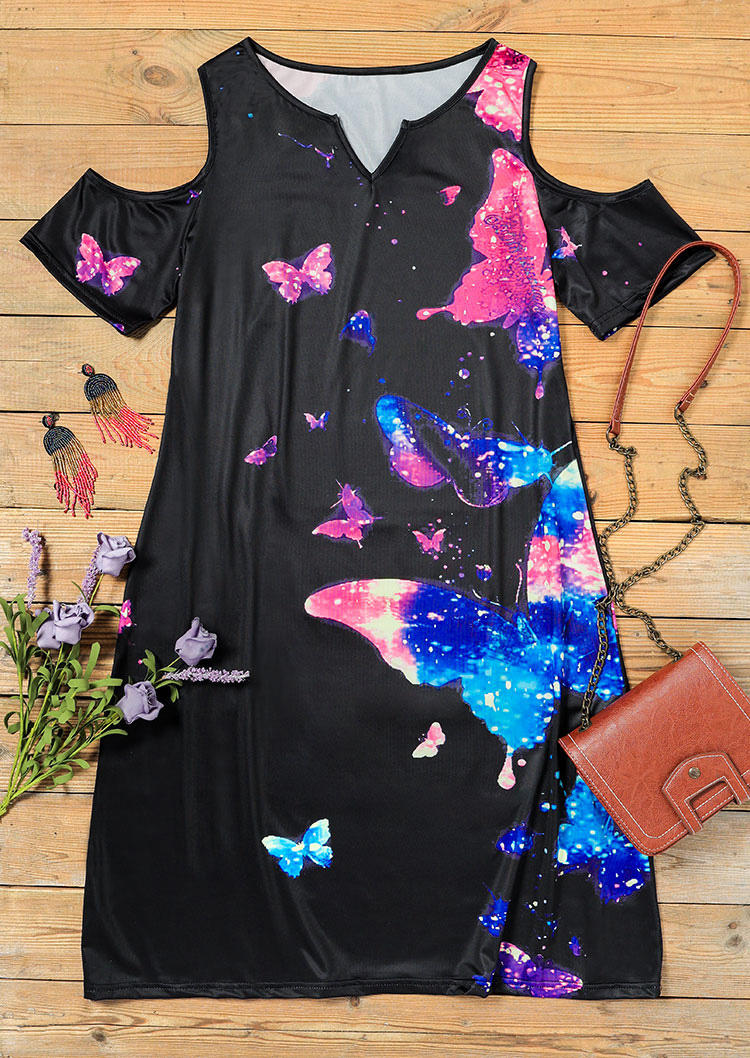 

Mini Dresses Tie Dye Butterfly Cold Shoulder Mini Dress in Black. Size