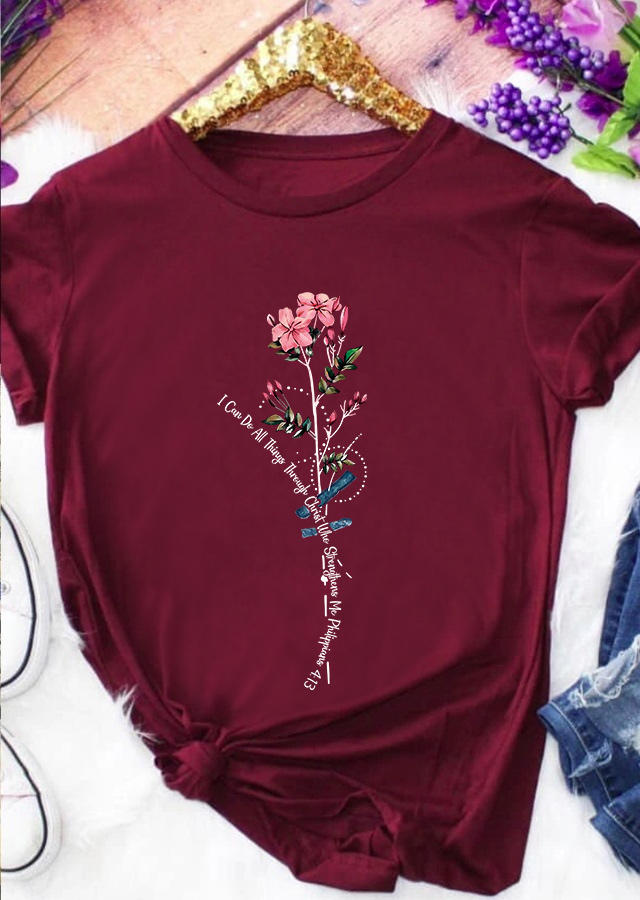 T-shirts Tees I Can Do All Things Floral T-Shirt Tee - 	Burgundy in Burgundy. Size: S,M,L,XL