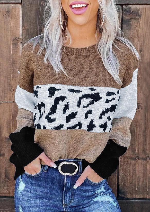 

Sweaters Color Block Leopard Splicing Long Sleeve Sweater in Multicolor. Size: M