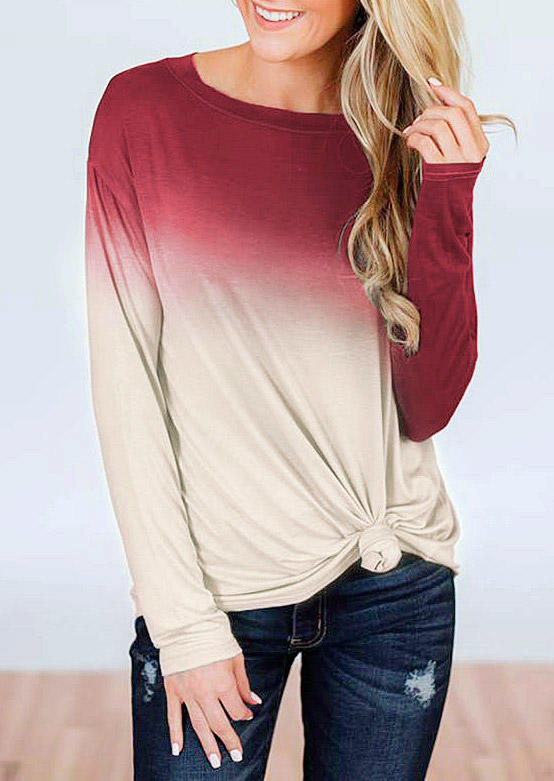 Blouses Gradient Long Sleeve O-Neck Blouse in Red. Size: M,S