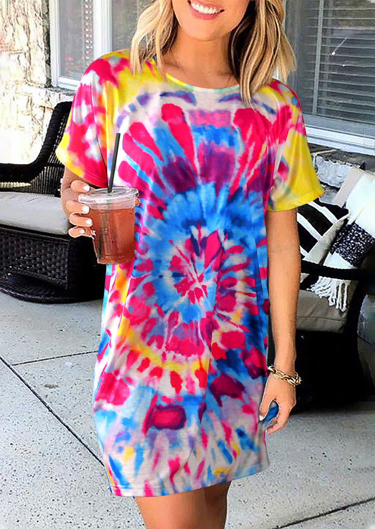 Tie Dye Swirl Short Sleeve O-Neck Mini Dress