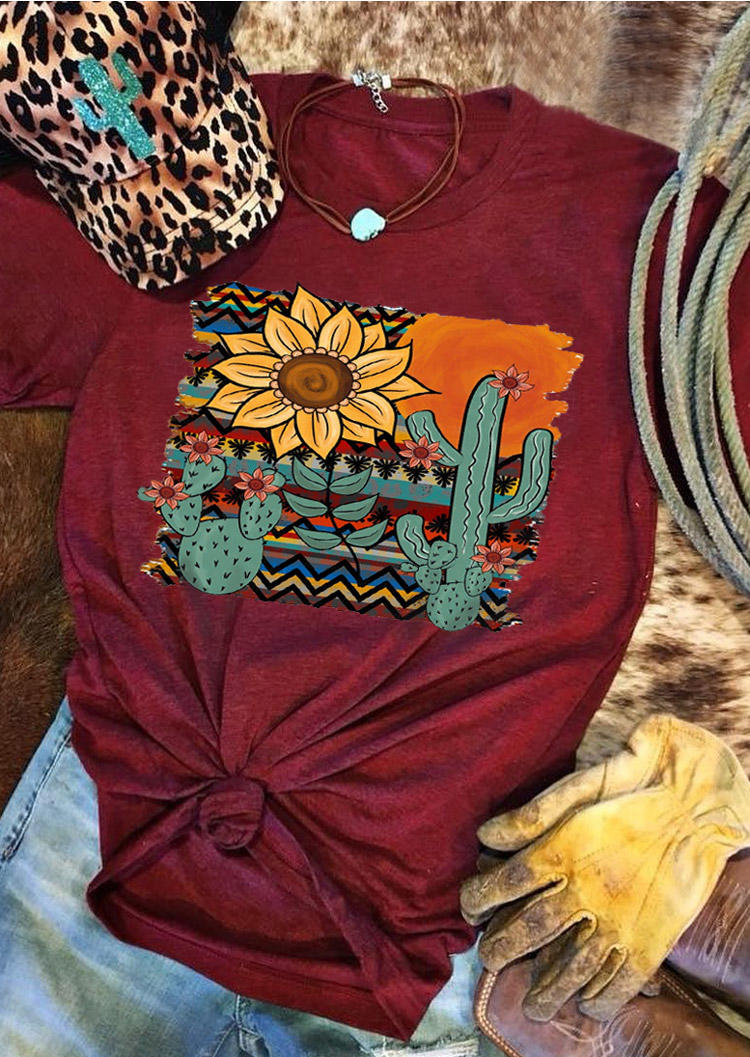 

T-shirts Tees Sunflower Cactus O-Neck T-Shirt Tee in Burgundy. Size: ,XL