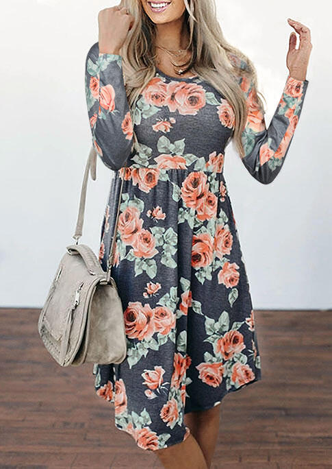 

Mini Dresses Floral Ruffled Long Sleeve O-Neck Casual Dress in Gray. Size