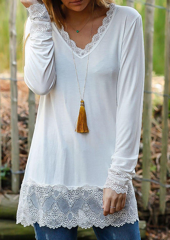 

T-shirts Tees Lace Splicing Long Sleeve Blouse in White. Size