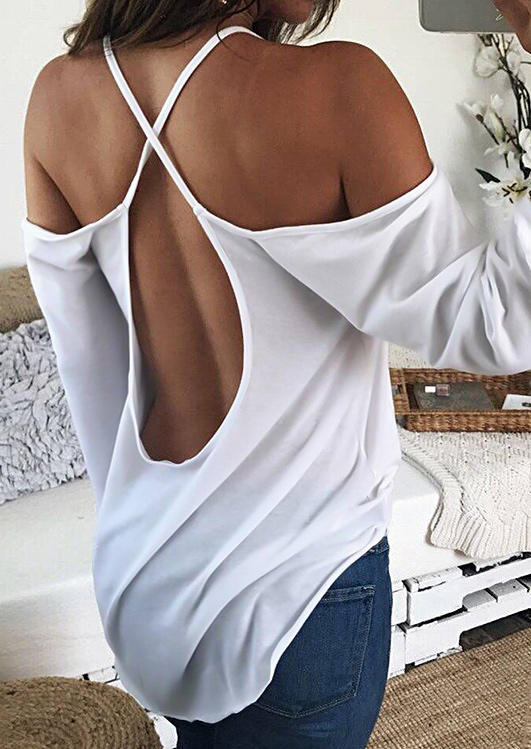 

Blouses Open Back Spaghetti Strap Cold Shoulder Blouse in White. Size