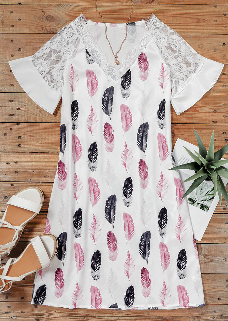 

Mini Dresses Feather Lace Splicing V-Neck Mini Dress in White. Size: ,M,L,XL