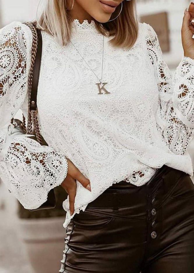 

Blouses Paisley Lace Hollow Out Flare Sleeve Blouse in White. Size