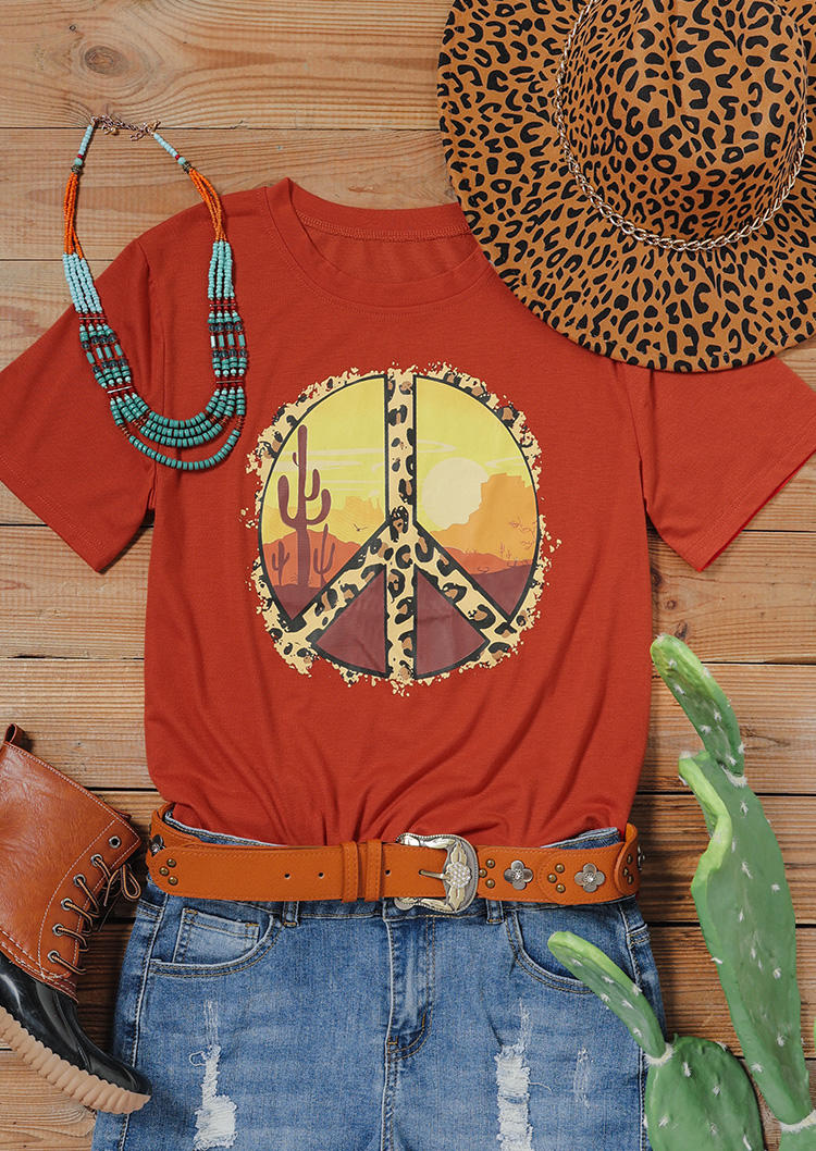 T-shirts Tees Desert Cactus Sunset Peace Leopard T-Shirt Tee in Red. Size: L