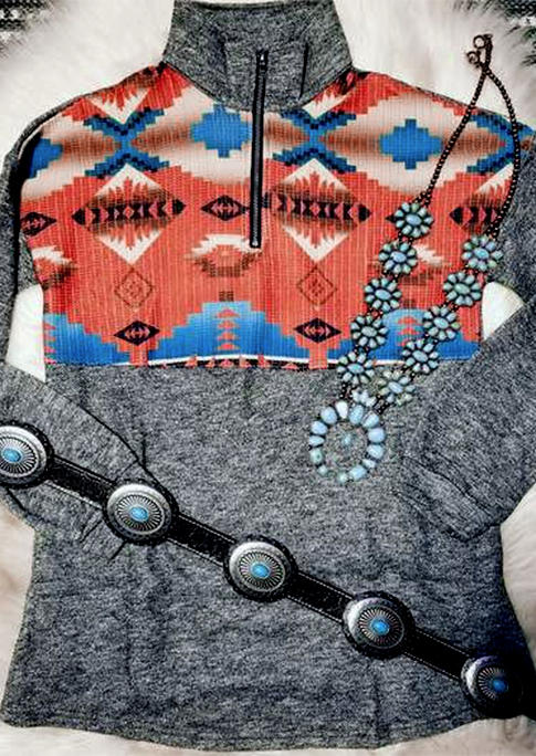 Sweatshirts Aztec Geometric Zipper Splicing Turn-down Collar Sweatshirt in Multicolor. Size: S,M,L