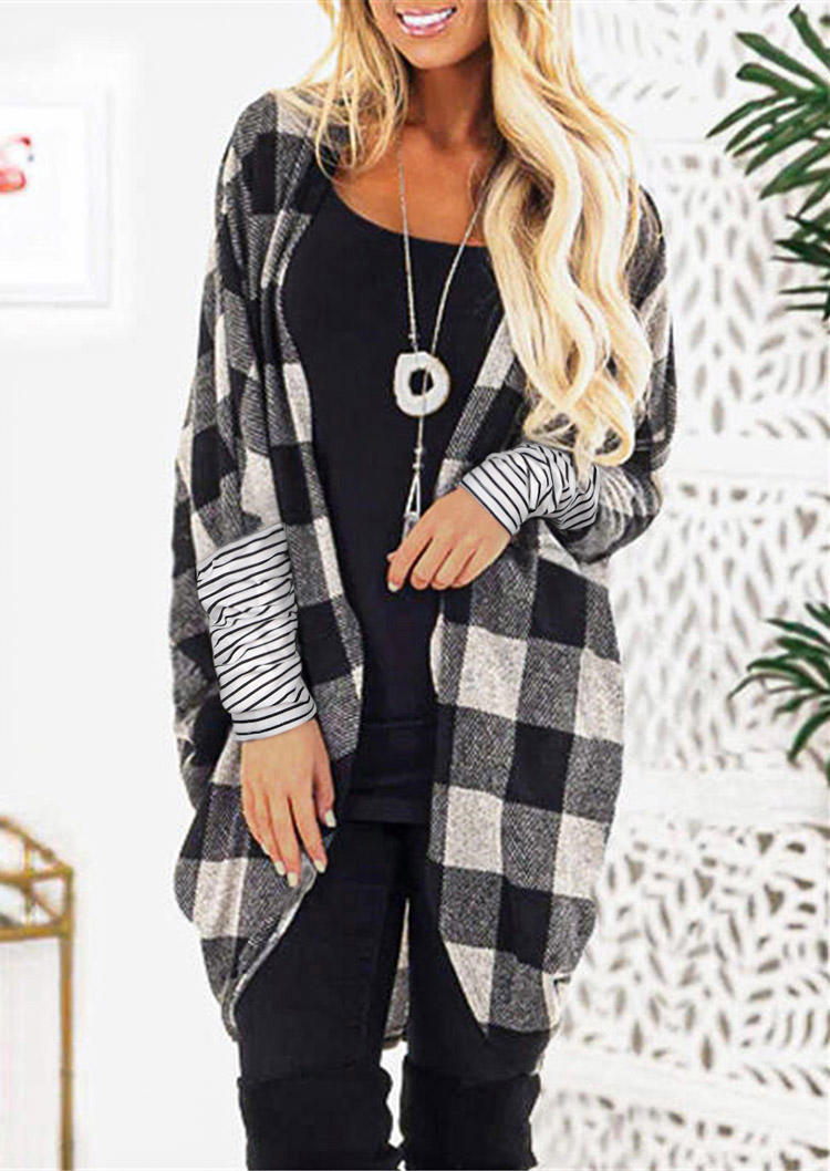 Cardigans Plaid Striped Splicing Long Sleeve Cardigan in Multicolor. Size: M