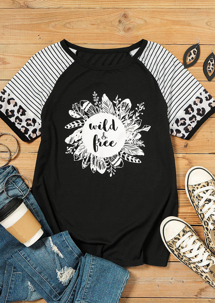 

T-shirts Tees Wild & Free Striped Leopard Splicing Feather T-Shirt Tee in Black. Size