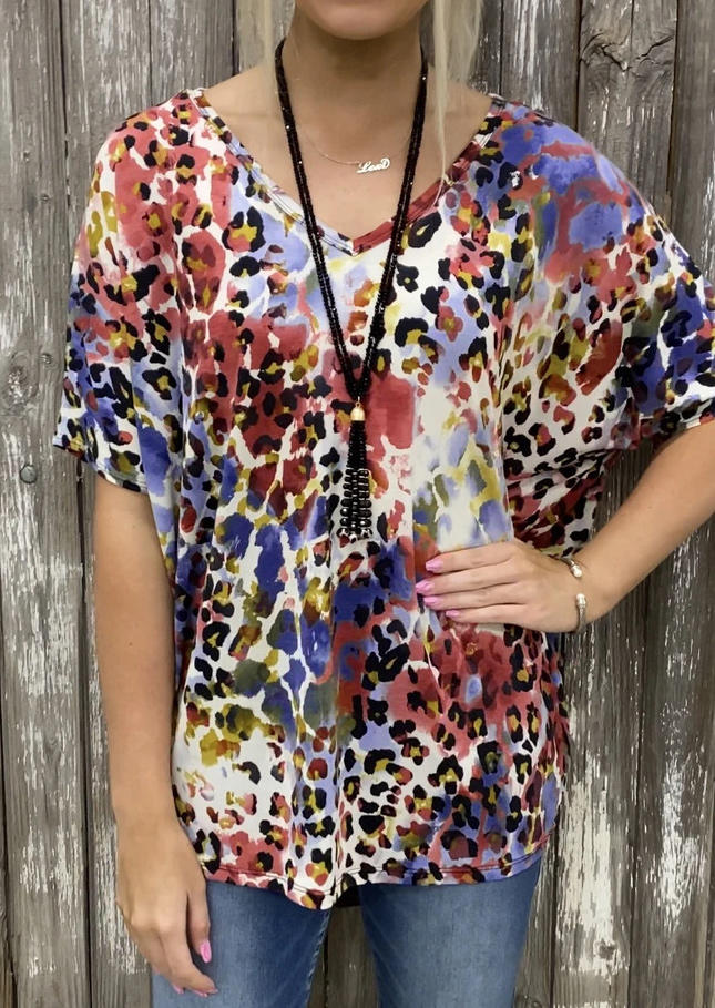 

Blouses Tie Dye Leopard V-Neck Casual Blouse in Multicolor. Size