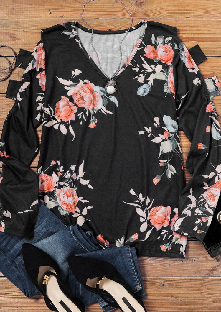 

Blouses Floral Hollow Out V-Neck Blouse in Black. Size: ,M,L