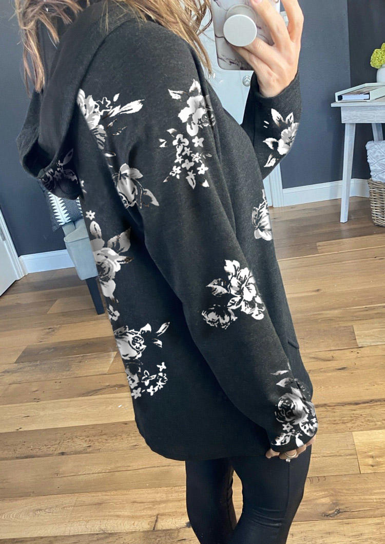 

Hoodies Floral Button Pocket Long Sleeve Hoodie - Dark Grey in Gray. Size: L,M